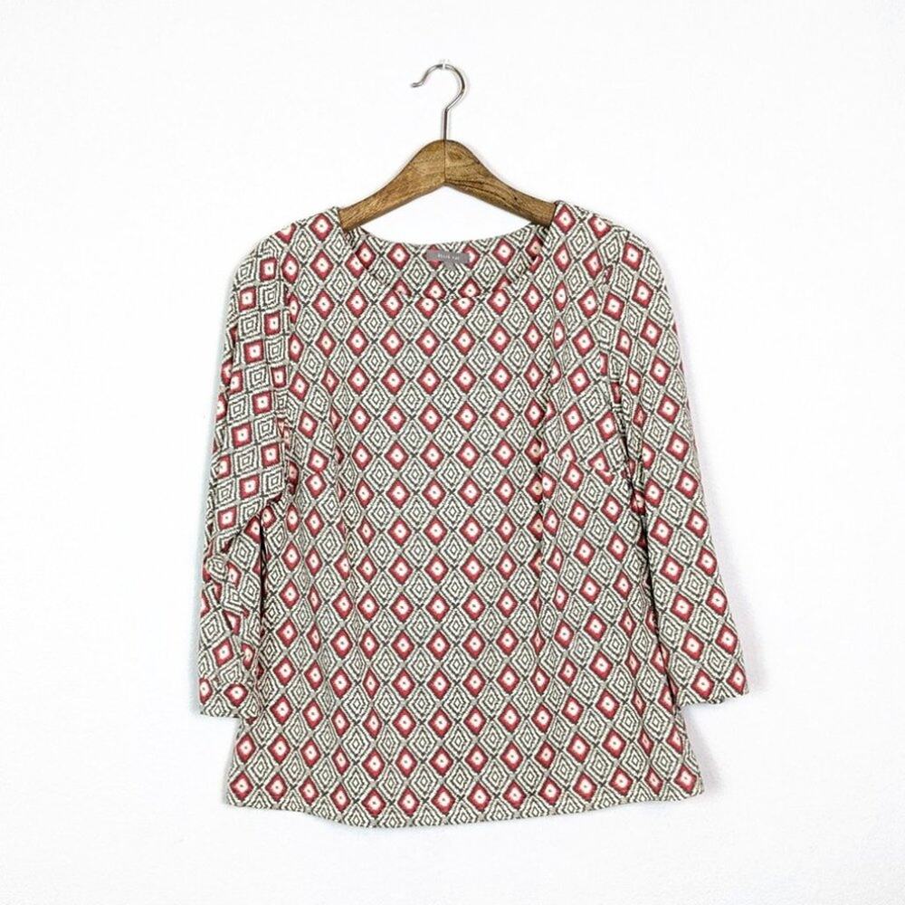 Ellie Kai Blouse 12 Brown Coral Ikat Print Boat Neck Long Sleeve